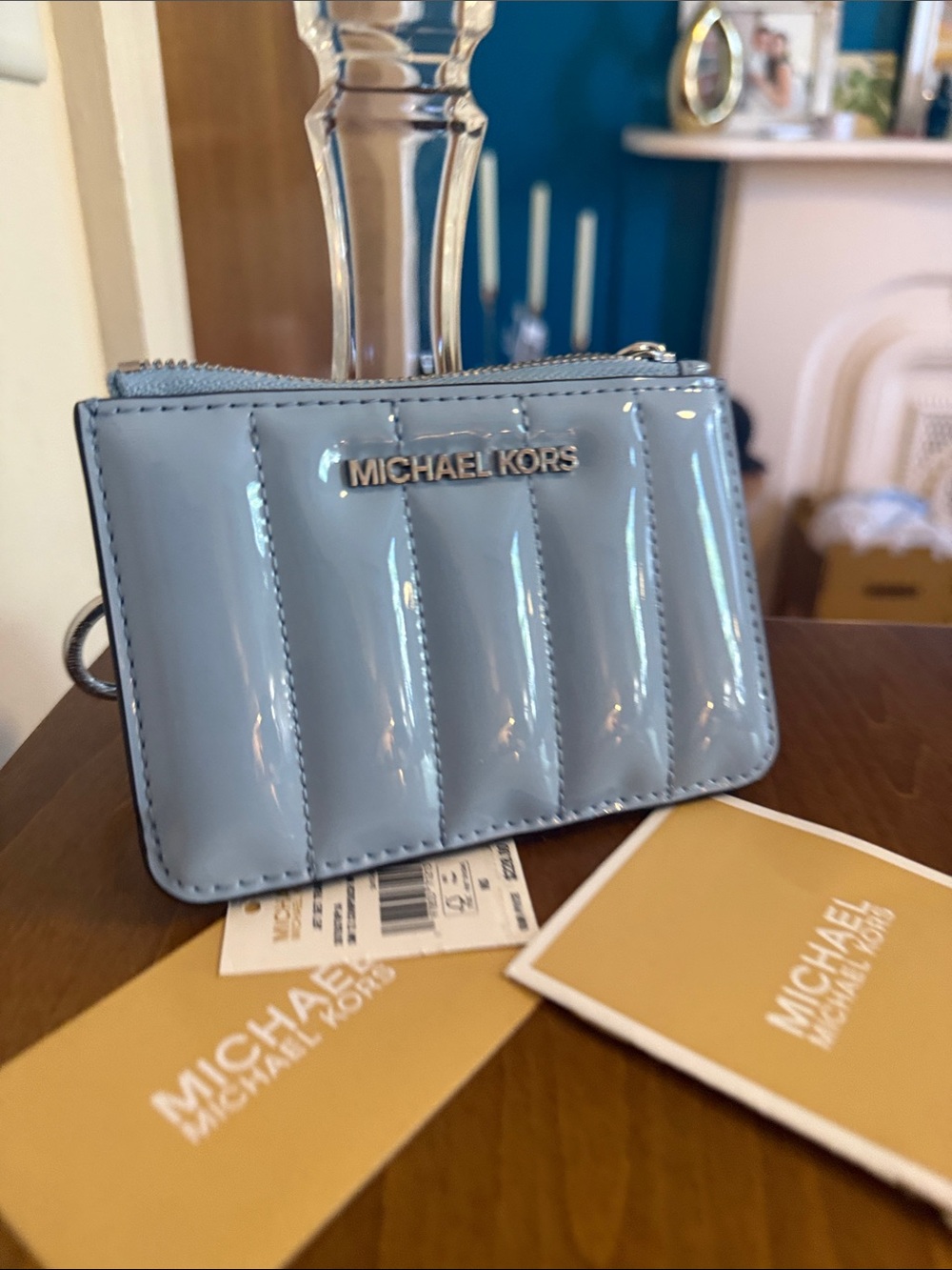 Michael Kors Baby Blue Quilted Patent Card Case with Ring